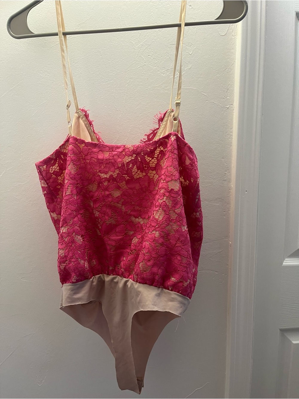 Pink Lace Bodysuit with Cream Trim